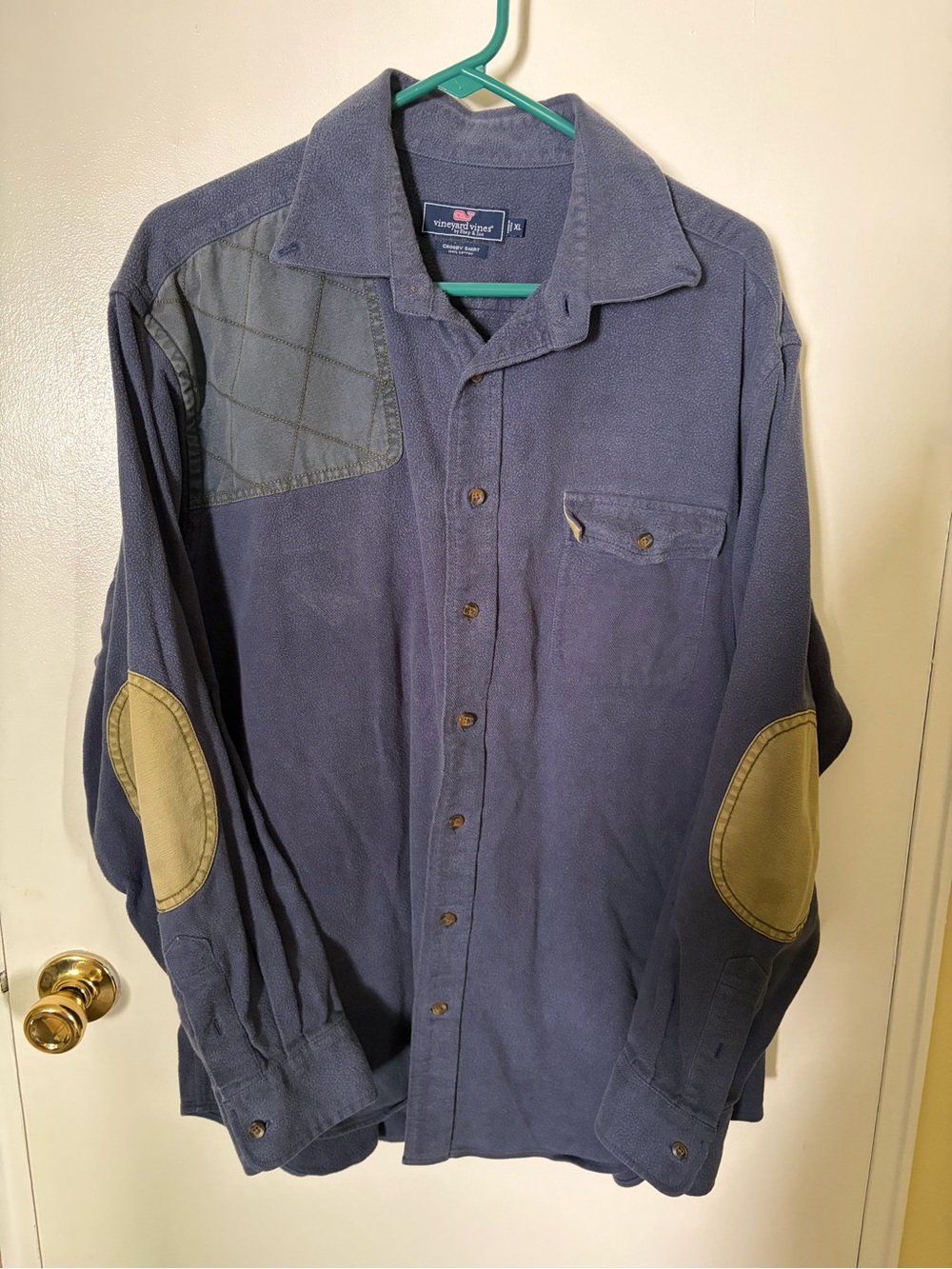 Vineyard Vines Navy Fleece Button-Front Shirt Jacket with Tan Elbow Patches